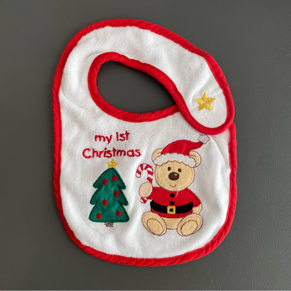 2009 Luvable Friends My First Christmas Baby Bear White Bib Hook & Loop